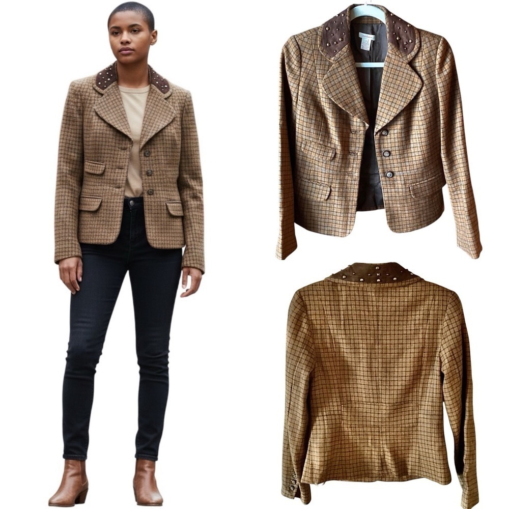 Sundance Brown Plaid Wool Blazer Jacket Studded Collar Women's Size 2 or 4 Lined - Picture 4 of 16